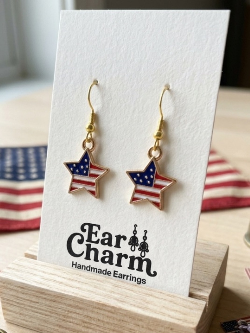 New Patriotic Star Dangle Earrings - American Flag Design